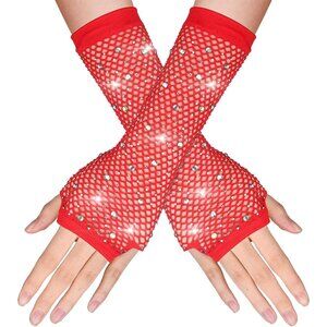 Women's Red Punk Fish Net Long Arm Sleeve Rhinestone Gloves Costume Halloween